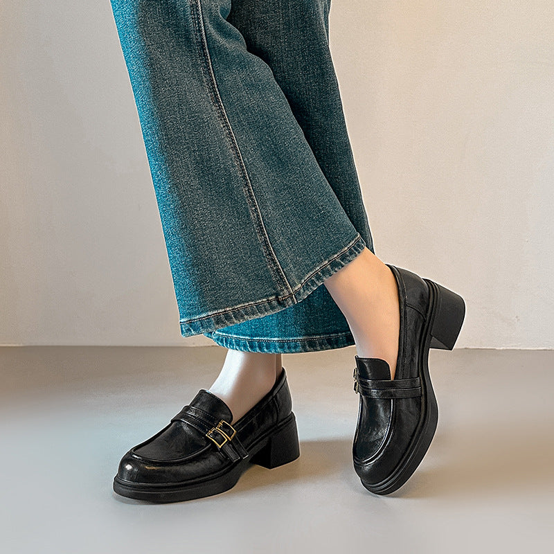 Damen elegante Loafer mit blockierendem Absatz und modischen Schnallen R&B