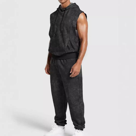 Herren nan ärmelloses Kapuzensweat-Set in Veloursoptik mit elastischer Jogginghose und gerippten Abschlüssen R&B