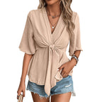 Damen Bluse mit dekorativem Knoten und weit ausgestellten Ärmeln R&B