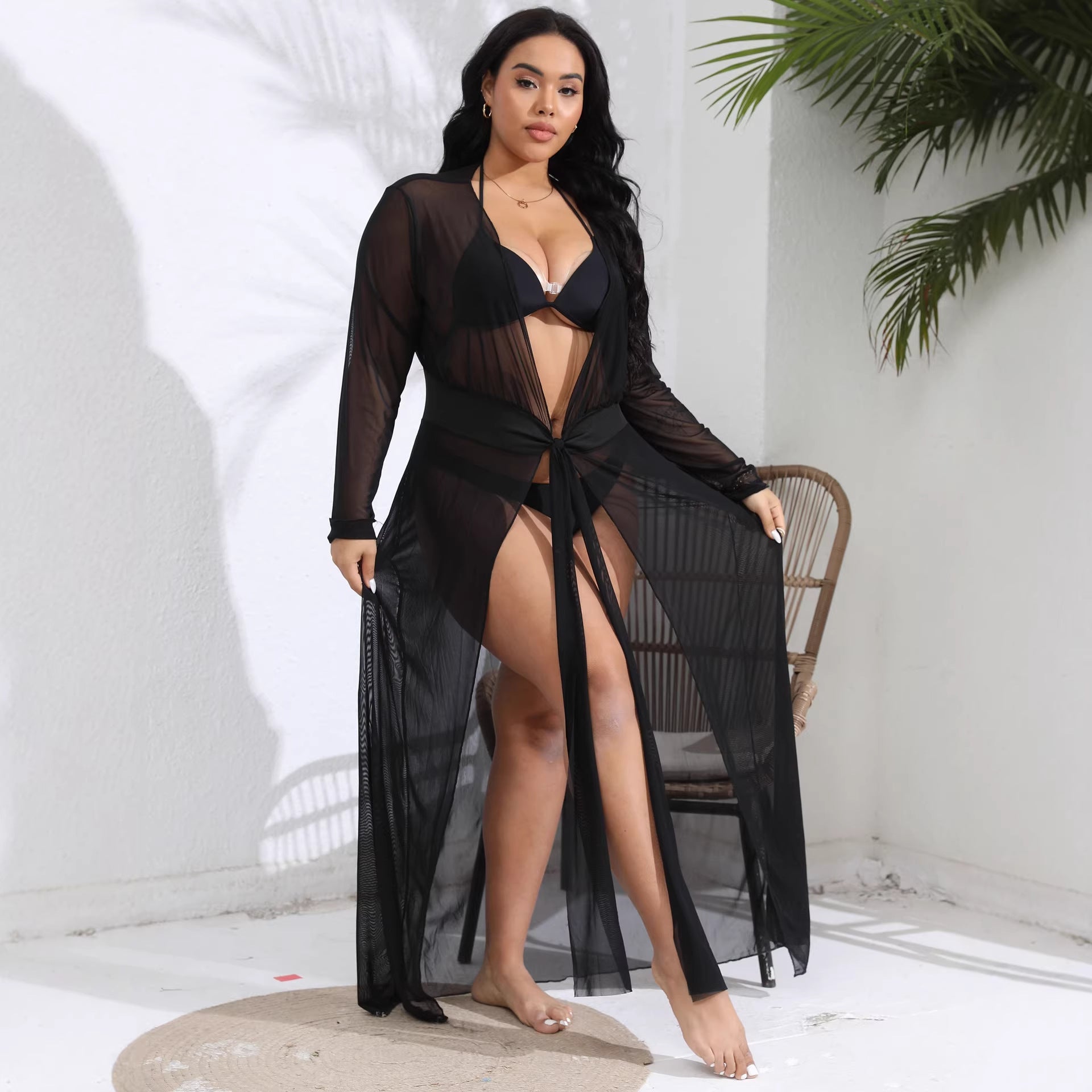 Damen transparenter Strandüberwurf mit verspieltem Taillengürtel R&B