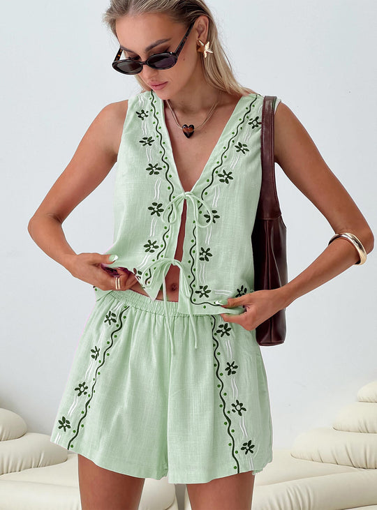 Damen luftiges Zweiteiler-Set mit floraler Stickerei R&B
