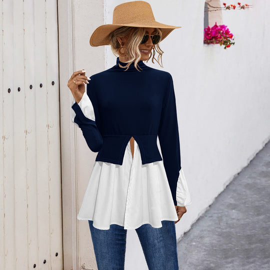 Damen Modisches Hemdblusenshirt mit hohem Kragen und asymmetrischem Schnitt R&B