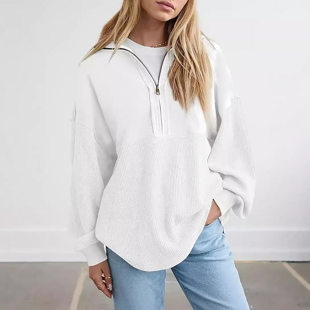 Damen lässiger Kapuzenpullover mit halblangem Reißverschluss und strukturiertem Material R&B