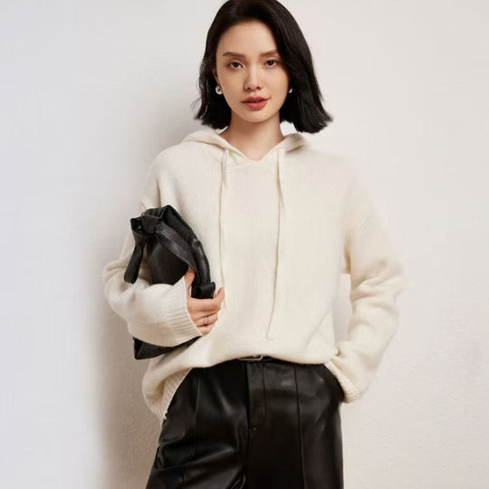 Damen lässiger Strickpullover mit Kapuze und fein strukturierter Oberfläche R&B