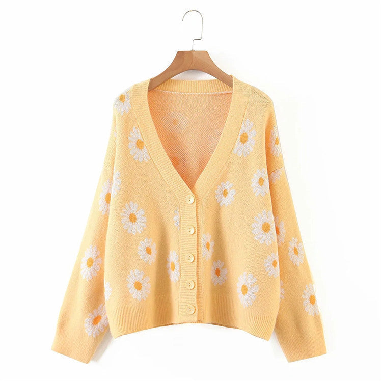 Damen Strickjacke mit Blumenmuster und V-Ausschnitt R&B