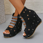 Damen Wedge-Sandalen mit modischem Lochdesign und glitzernden Applikationen R&B
