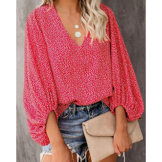 Damen Bluse mit weitem Puffärmel und eleganter V-Ausschnitt R&B