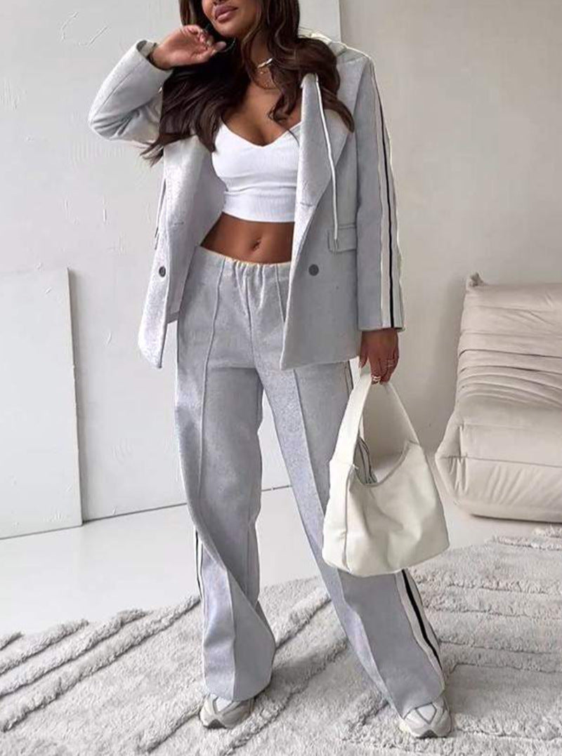 Damen nan sportlich-elegantes Blazer-Zweiteiler mit Kapuzenblazer und weiter Trainingshose mit seitlichem Streifen R&B
