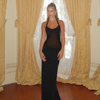 Damen Elegantes Maxi-Kleid mit transparentem Oberteil und tiefer Taille R&B