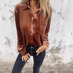 Damen Elegante Samtbluse mit klassischem Hemdkragen und langen Ärmeln R&B
