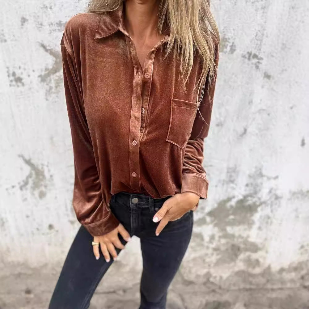 Damen Elegante Samtbluse mit klassischem Hemdkragen und langen Ärmeln R&B
