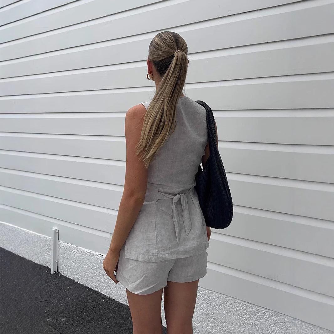 Damen Elegante Leinenbluse mit Shorts-Set R&B