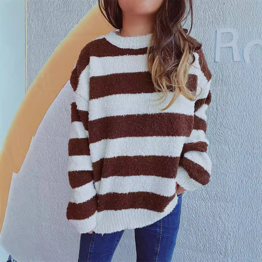 Damen gemütlicher Streifenpullover aus weichem Material mit weitem Schnitt R&B