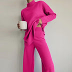 Damen Strick-Loungewear-Set mit hohem Kragen und weitem Bein R&B
