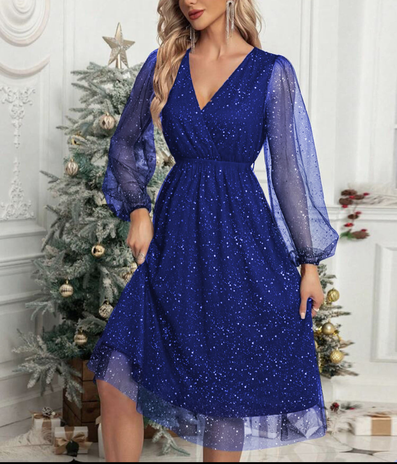 Damen Glamouröses Midikleid mit transparenten Puffärmeln und schimmerndem Paillettenmuster R&B