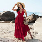 Damen Maxikleid mit tiefem V-Ausschnitt und elastischem Taillenbund R&B