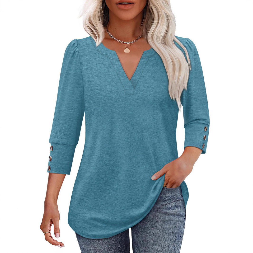 Damen V-Ausschnitt Bluse mit dekorativen Knopfdetails R&B