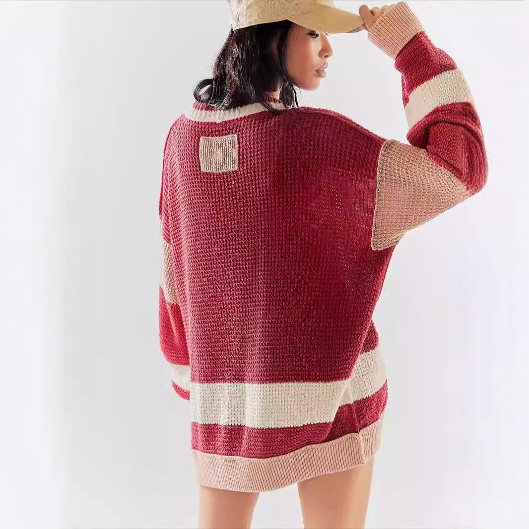 Damen lässiger Strickcardigan mit großen Taschen und stilvollen Kontraststreifen R&B