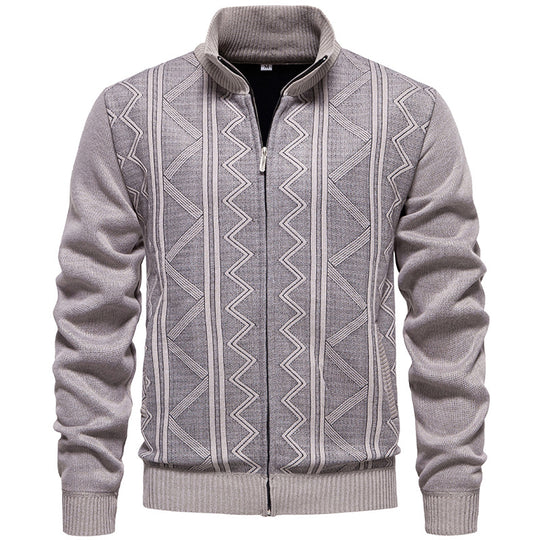 Herren Strickjacke mit Zopfmuster und hohem Stehkragen R&B