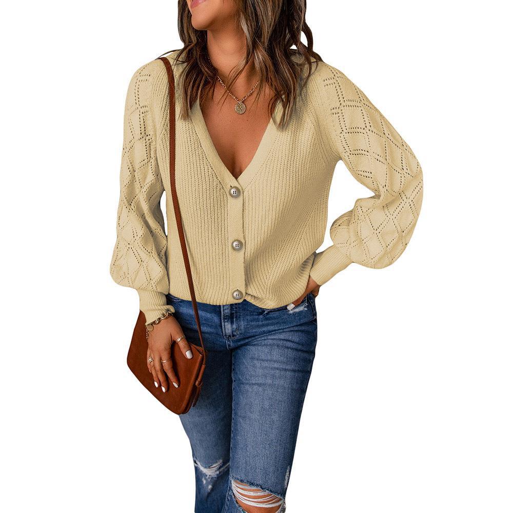 Damen Strickjacke mit V-Ausschnitt und modischen Puffärmeln R&B