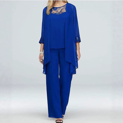 Damen nan fließendes Chiffon-Abendensemble mit Spitzenbesatz, Kimono-Cardigan und weiter Palazzohose R&B