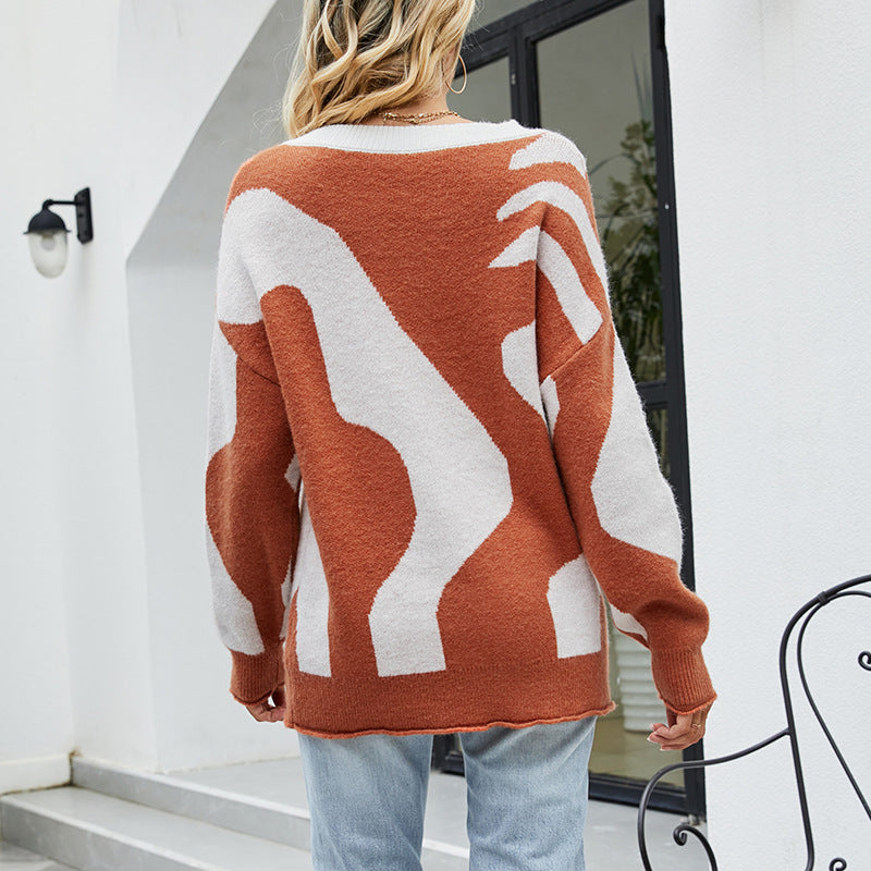Damen kuscheliger Oversized Pullover mit Knopfdetails und kreativem Muster