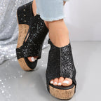 Damen Glamouröse Wedge-Sandaletten mit Glitzer und Korksohle R&B