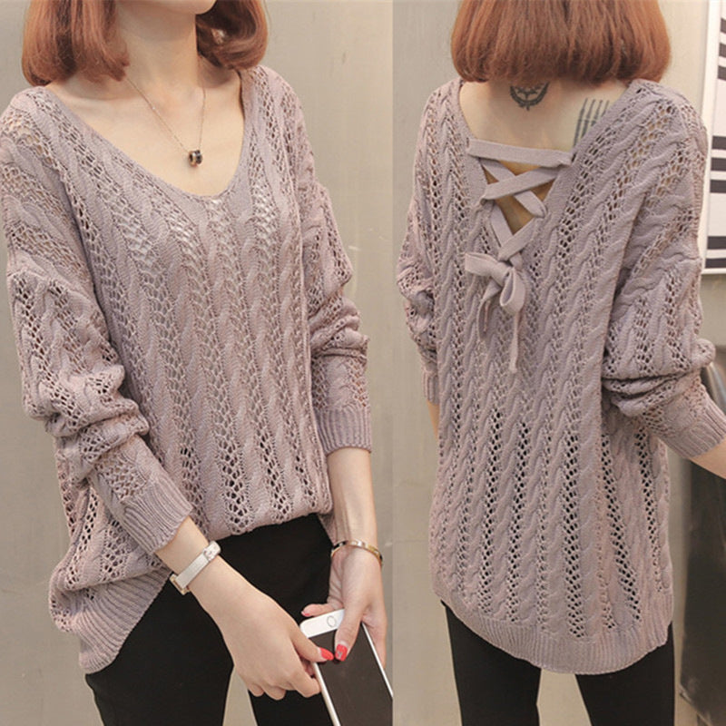 Damen Strickpullover mit Off-Shoulder-Design und Rückenschnürung