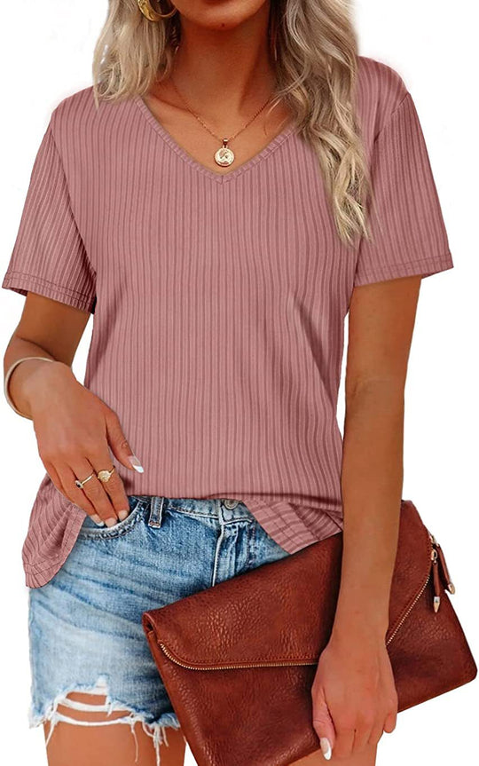 Damen Viskose T-Shirt mit feinem Rippstrickmuster und lässigem V-Ausschnitt R&B