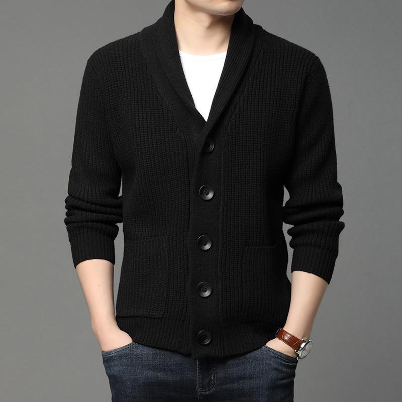 Herren kuschelige Strickjacke mit schickem Kragen und funktionalen Taschen R&B
