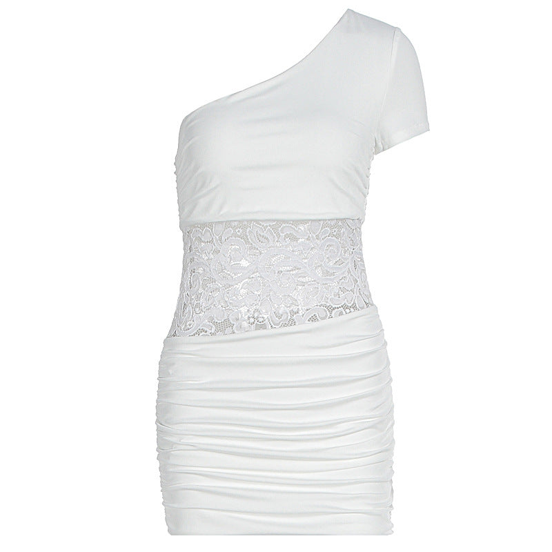Damen Einseitig Träger Mini-Kleid mit Spitzenbund und Raffungen R&B