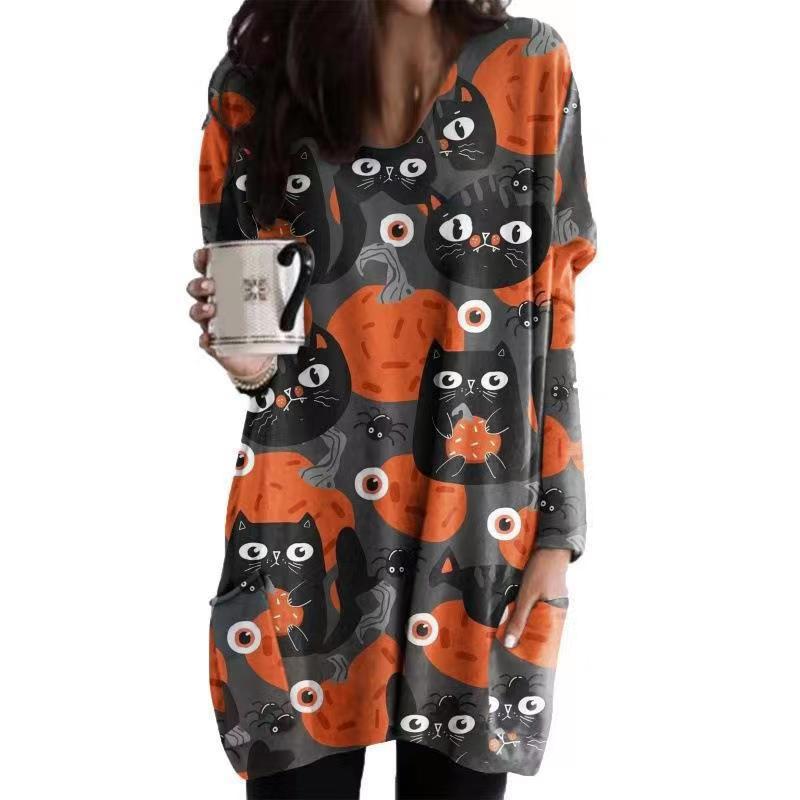Damen Oversized Grafik Katze und Kürbis Tunika Kleid R&B