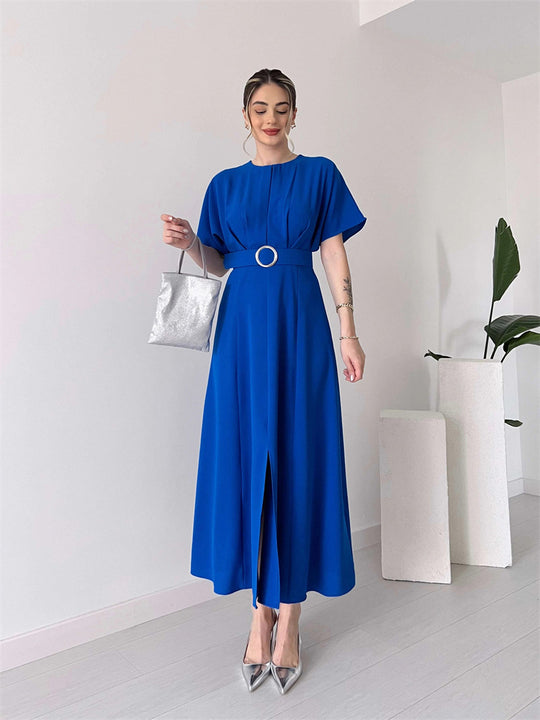 Damen Maxikleid mit Taillengürtel und puffärmeln R&B