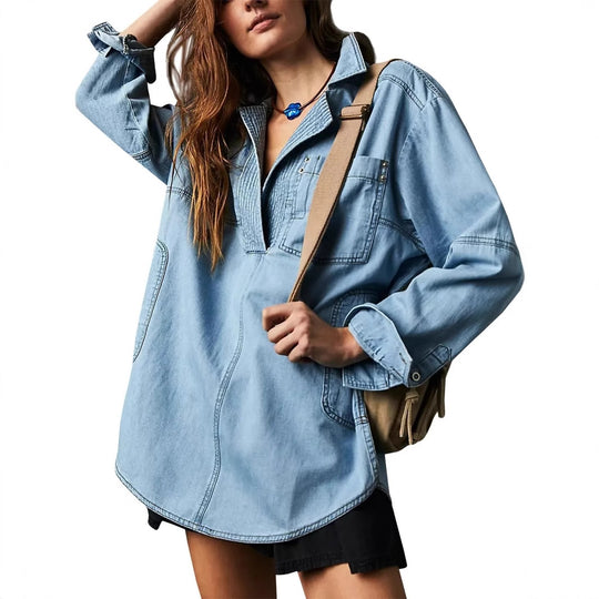 Damen Denim-Shirt mit detailreicher Steppung und lässigem Schnitt R&B