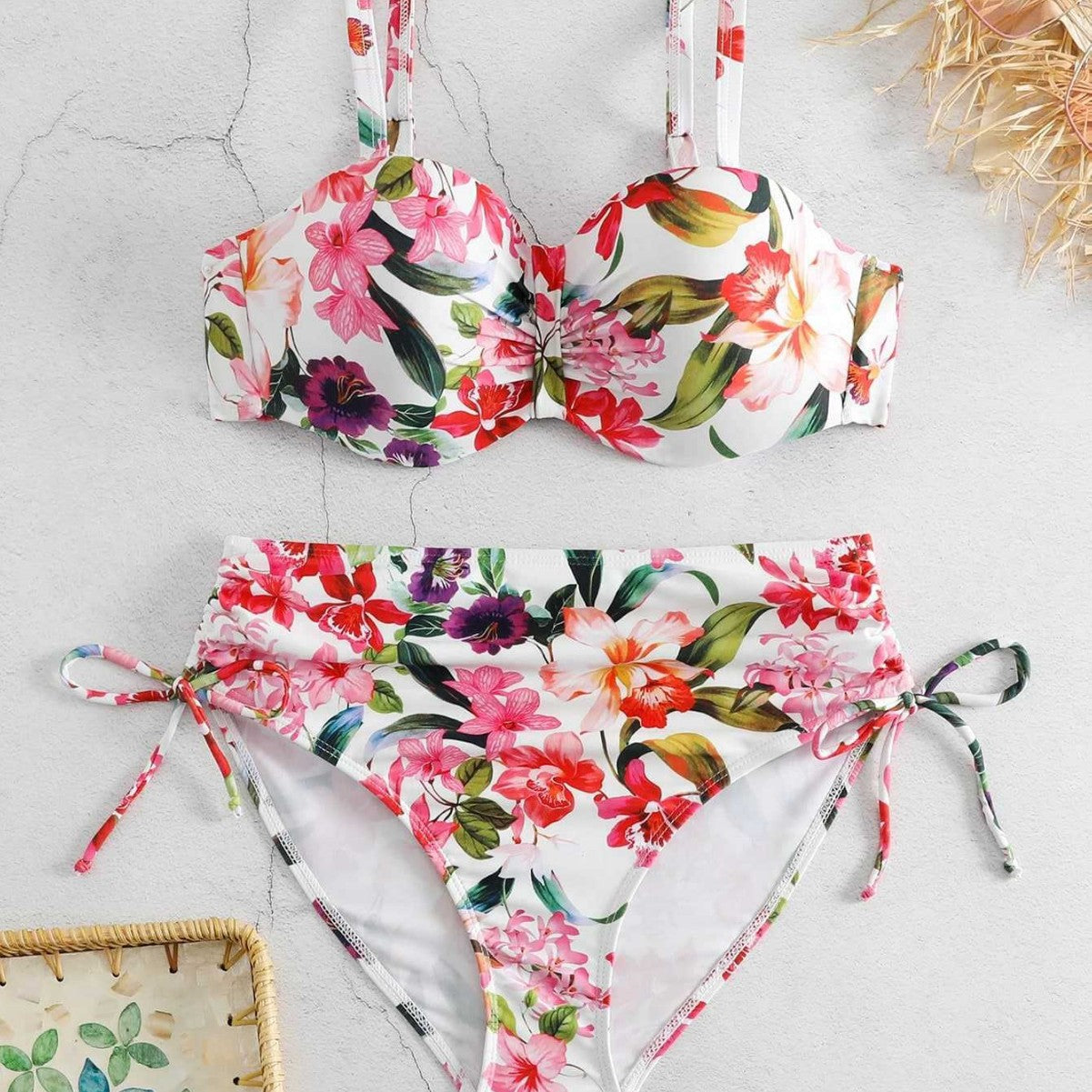 Damen Blumiger Balconette-Bikini mit Hohem Bund R&B