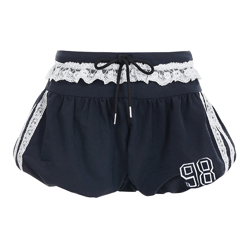 Damen sportliche und modische Shorts mit elegantem Spitzenbund und regulierbarem Taillenband R&B