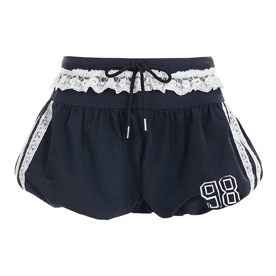 Damen sportliche und modische Shorts mit elegantem Spitzenbund und regulierbarem Taillenband R&B