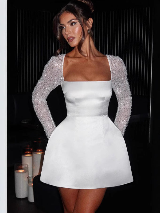 Damen Glamouröses Minikleid mit transparenten Paillettenärmeln und schwingendem Rock R&B