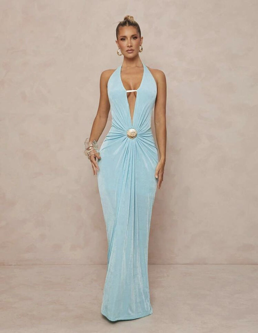 Damen Glamouröses Abendkleid mit tiefem V-Ausschnitt und eleganter Drapierung R&B