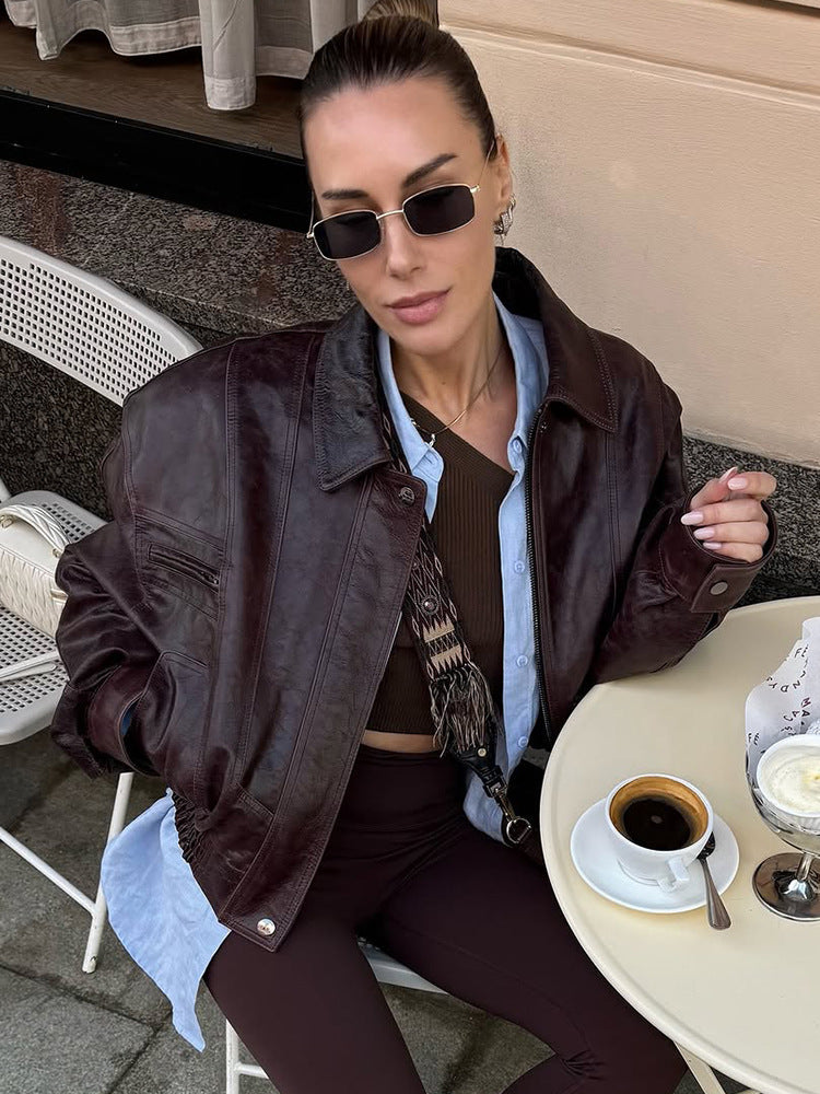 Damen lässige Kunstlederjacke mit oversized Schnitt und praktischen Taschen R&B