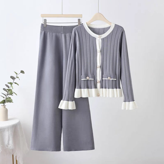 Damen elegantes Strick-Loungewear-Set mit aufgesetzten Taschen und Rüschen R&B