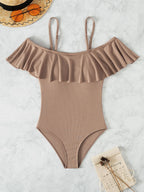 Damen Eleganter Badeanzug mit Volants und schulterfreier Ausschnitt R&B