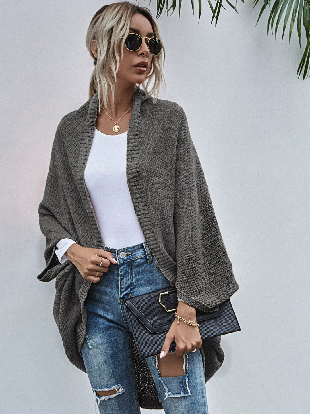R&B | Strickjacke Oversized Passform Wolle Strick Offen Front Fledermausärmel