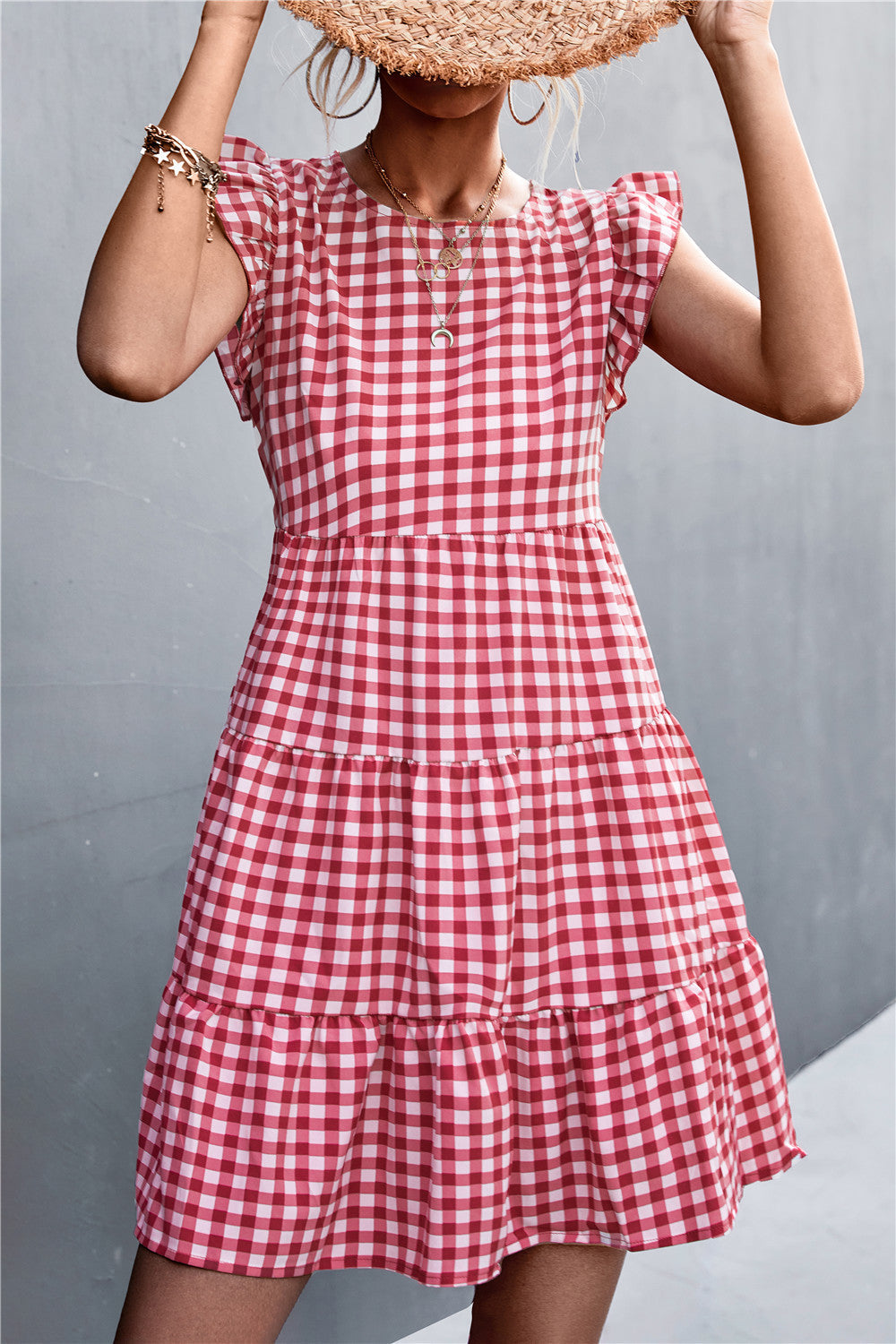 Damen Viskosekleid mit Rüschendetails und kariertem Design R&B