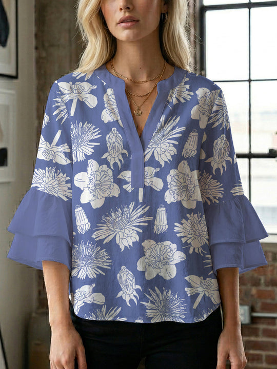 Damen elegantes Blusenshirt mit voluminösen Rüsenärmeln und grafischem Blumendesign R&B