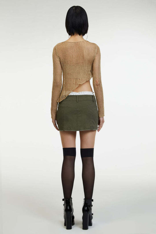 Damen luftiges Strickoberteil mit fransigen Details und asymmetrischem Schnitt R&B