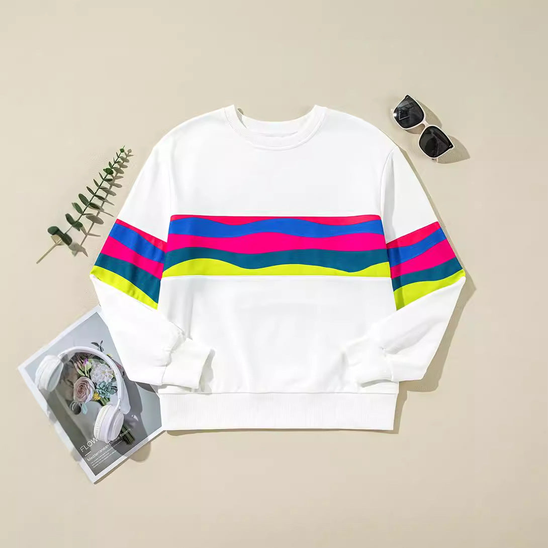 Damen Lässiges Oversized-Sweatshirt mit Bunten Streifen und Tieferem Rundhalsausschnitt R&B