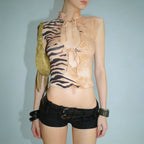Damen Figurbetontes Kurzarm-Oberteil mit Halterneck und asymmetrischem Design R&B