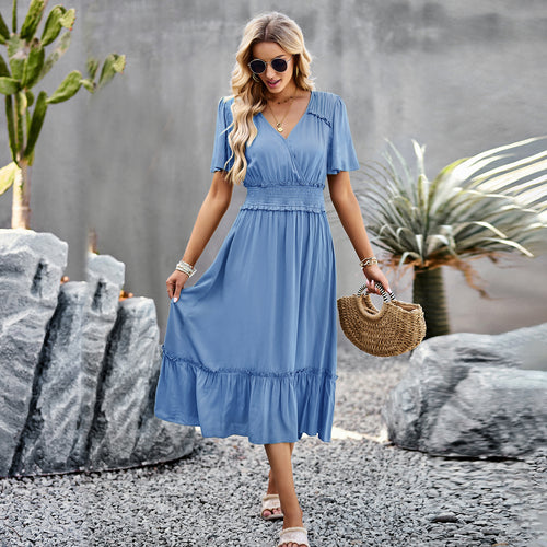 Damen Midikleid mit Schößchen, elastischem Tailleneinsatz und eleganten Rüschen R&B