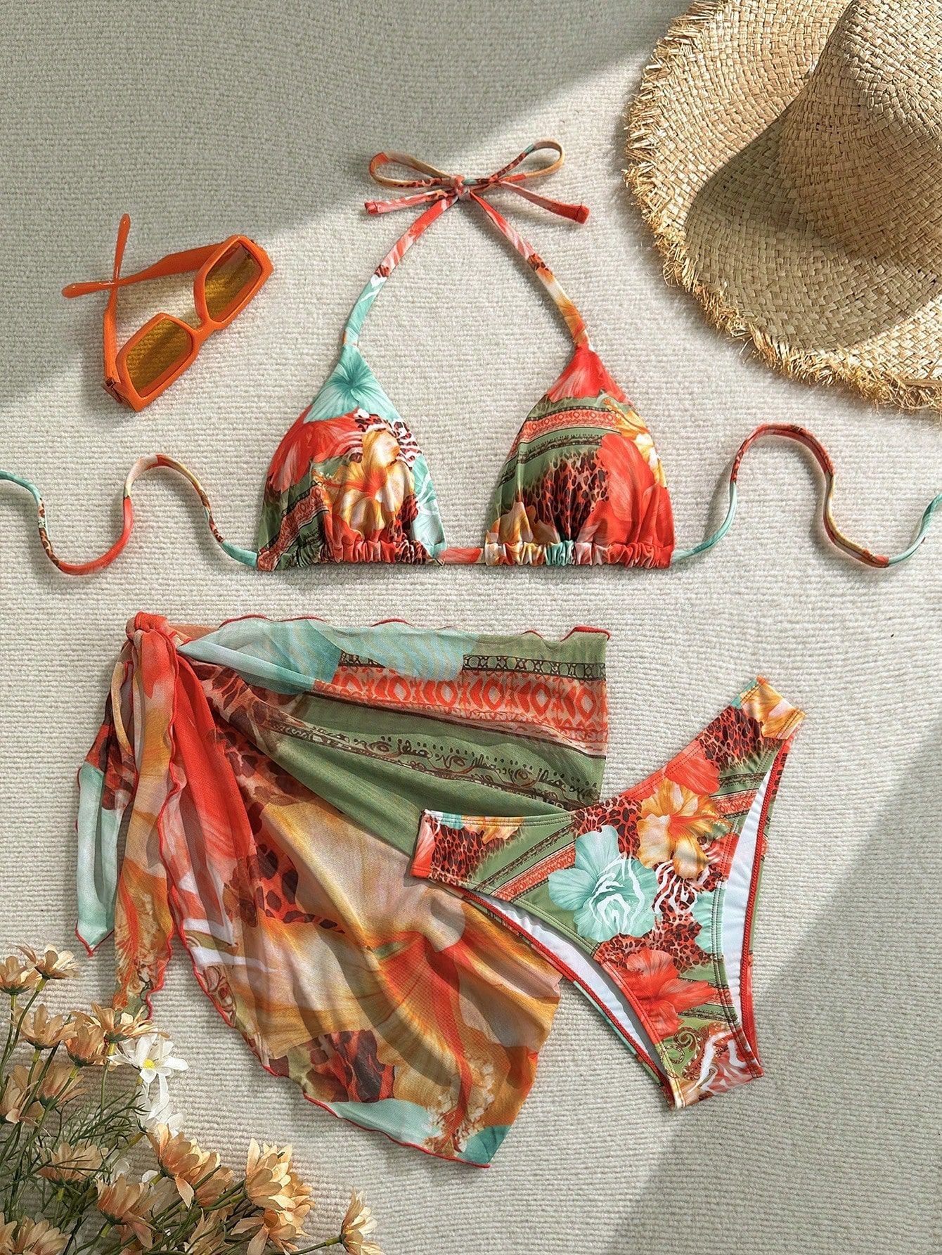 Damen Florales Bikini-Set mit Kombination aus Oberteil und Wickeltuch R&B